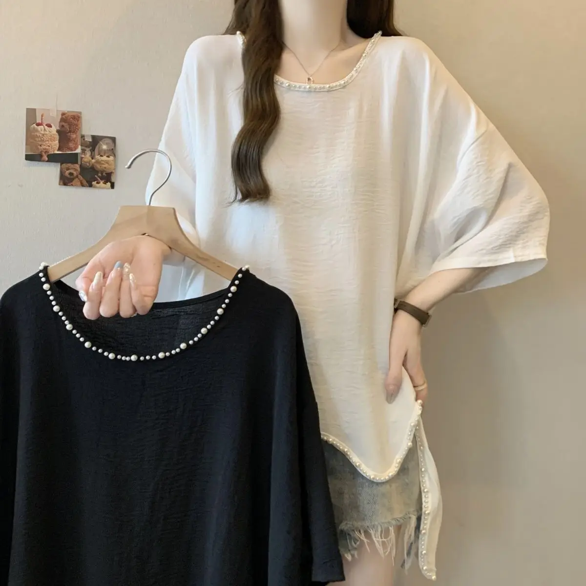 Oversized Ladies Casual Korean Bright Line Decoration Solid Color O-neck Short Sleeve T-Shirt Summer Simplicity Irregular Tops