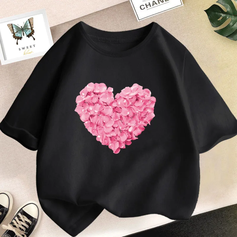 Pink Heart Flower Print Girls Tshirt Casual Cute T-Shirt Gift Yong Girl Fashion Floral Kids Summer Clothes