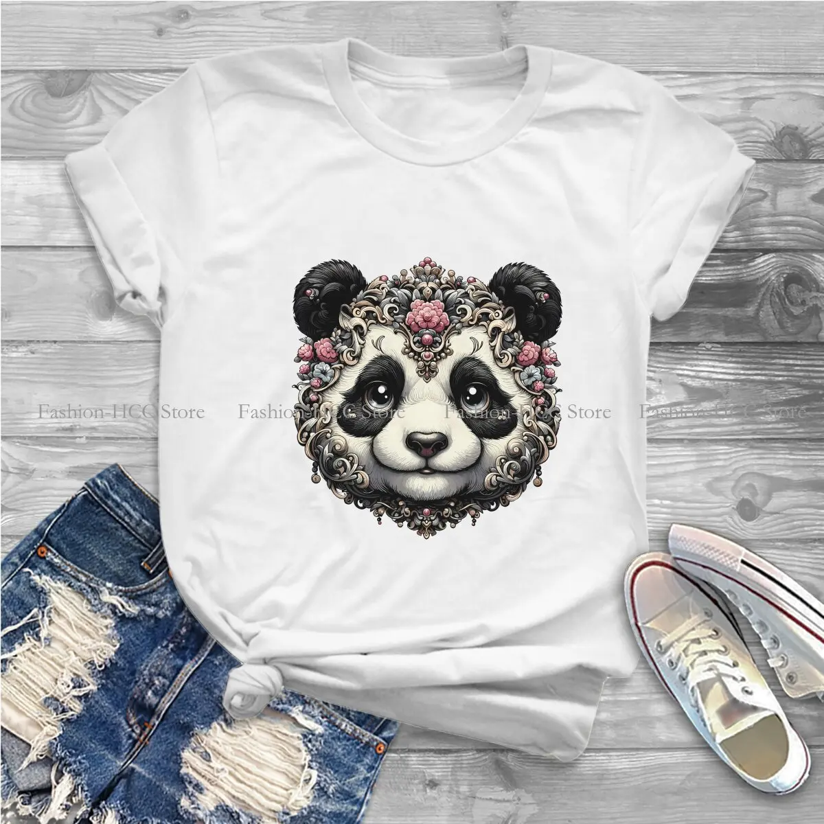 Elegant King Baroque Furry Round Collar TShirt Panda Cartoon Classic Polyester T Shirt Women Tops New Design