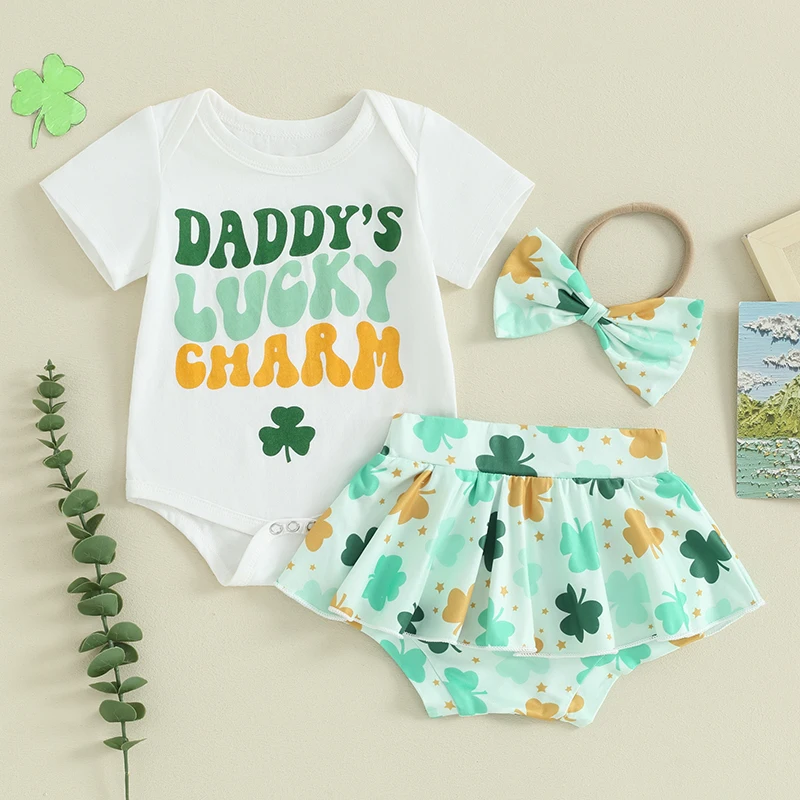 Stylish Baby Girls St Patrick s Day 3-Piece Outfit Set with Romper Skirt Shorts and Headband - Infant Clothing for Irish