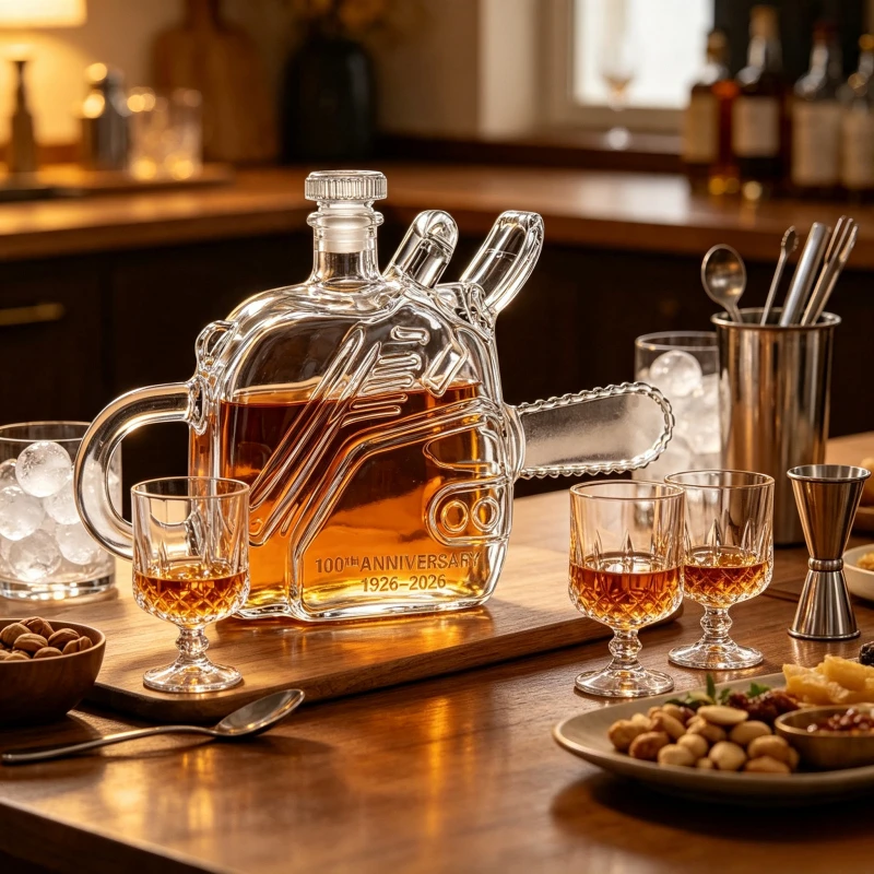 Novelty Glass Chainsaw Decanter for Whiskey Bourbon Spirits Decorative Liquor Bottle with Stopper