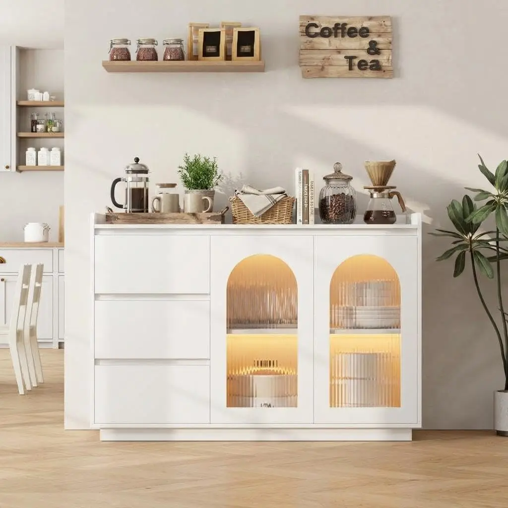 

Coffee Bar Cabinet, 48" Buffet Cabinet Storage Cabinet Sideboard， Modern Kitchen Buffet with 3 Drawers, Glass Doors, Customized