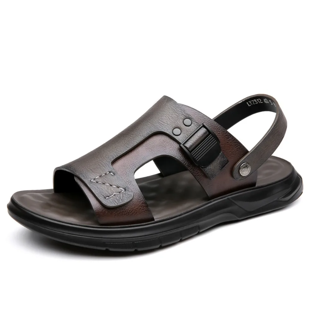 

Мужские кожаные сандалии 2026: модные летние пляжные туфли, трендовые повседневные шлепанцы, нескользящие сандалии с открытым носком для мужчин