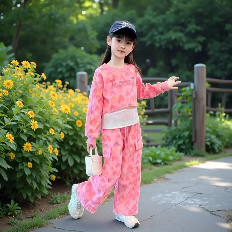 

Kawaii модный спортивный костюм для девочек, комплект со штанами, студенческий осенний повседневный жилет с героями мультфильмов, топы, длинные штаны, комплект из трех предметов, детская одежда