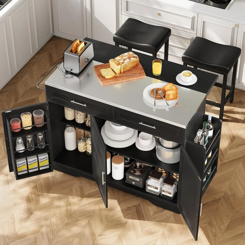 جزيرة مطبخ Concho مقاس 56 بوصة مع جلوس وسطح من الفولاذ المقاوم للصدأ، جزيرة مطبخ متنقلة مع أوراق قطرة قابلة للطي