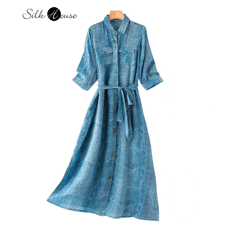 Light Luxury and Age Reducing 100%Natural Mulberry Silk Shirt Style Temperament Slim Fit Denim Shirt Double Pocket Women\'s Dress