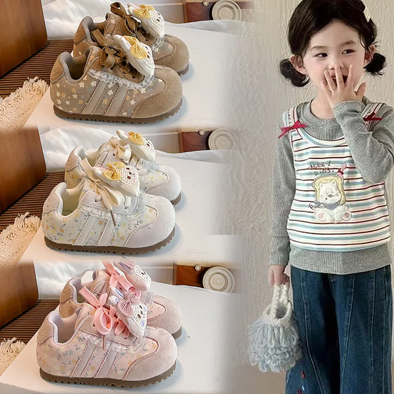 Autumn New Girls Sneakers Floral Print Doll Decor Casual Shoes Soft Sole Anti-slip Kids Running Shoes for Little Girls