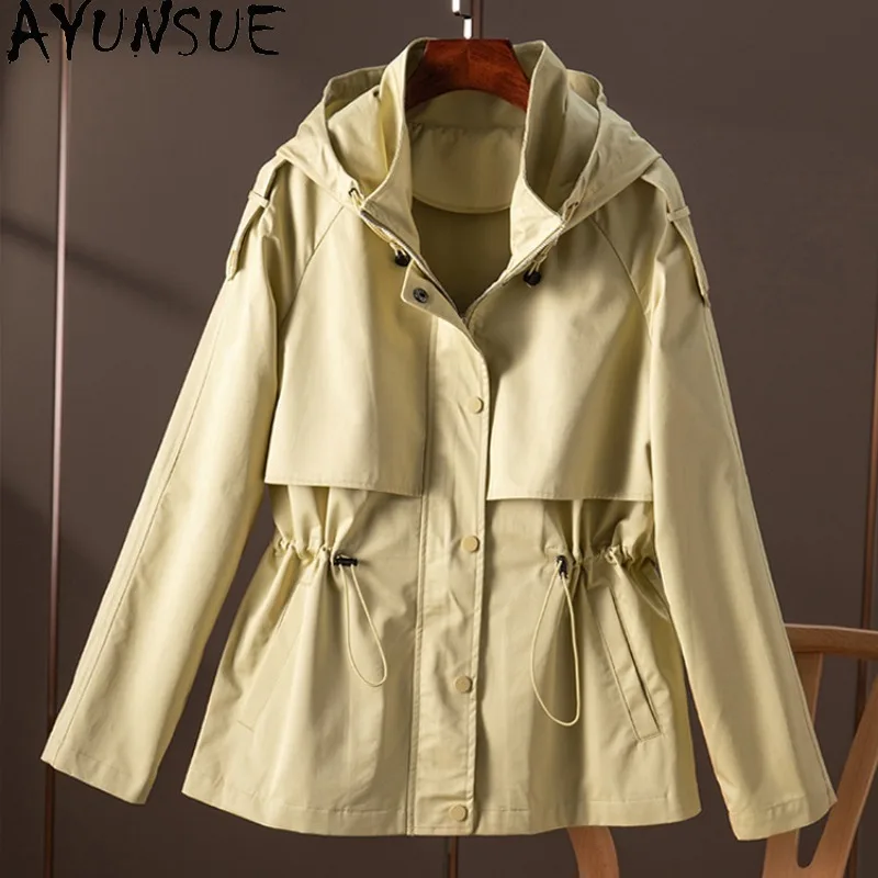 AYUNSUE Hooded Trench Coat Woman Fashion Solid Long Sleeve Tops High Quality Thin Outerwears Spring Autumn Jacket Woman Clothes