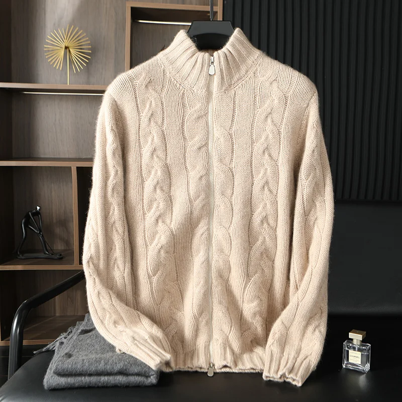 

Men's 100% Pure Cashmere Knitting High Neck Cardigan Zipper Thickened Coat Fashion Old Money Style Big Fried Dough Twist Design