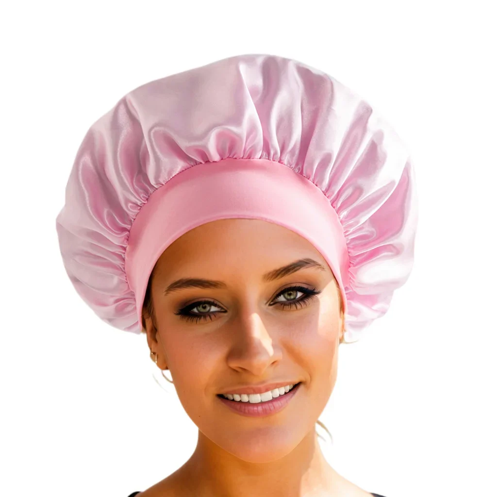

Sleeping Cap Silky Satin Cap Reusable Elastic Wide Band Shower Cap Hair Protective Cap for Women Curly Natural Hair 1PCS