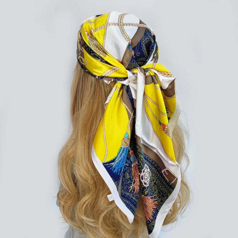 2022 New Design 90*90cm Elegant Silk Scarf Square Satin Women Head Hair female office lady shawl chiffon foulard bandana muffler