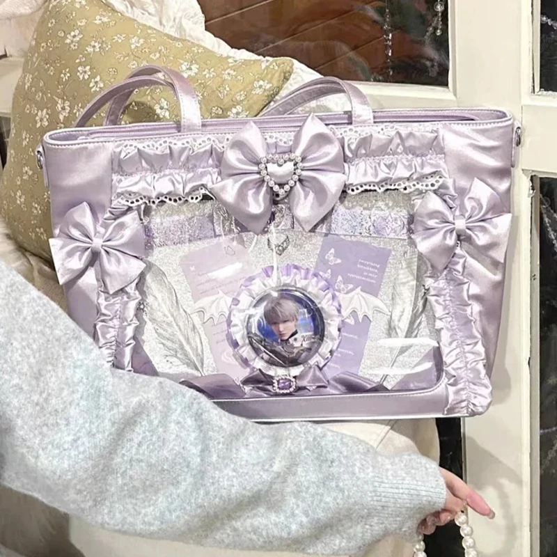 Ita-Tasche mit Klarsichtfenster für Abzeichen, Pins und Puppen, Japanische Süße Niedliche Satin-Schleife mit Spitzenbesatz, Große Kapazität Handtasche – Detail 9