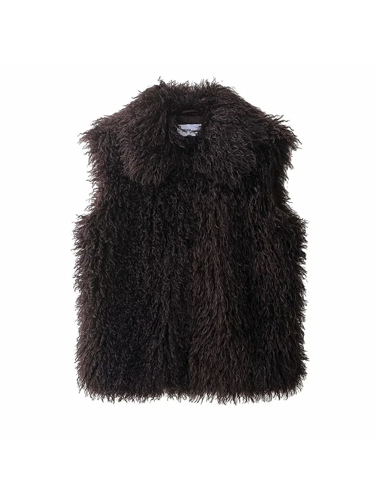 

Женский зимний новый однотонный искусственный жилет 2023 года, модный женский модный пушистый свободный короткий жилет без рукавов с лацканами, повседневная офисная верхняя одежда