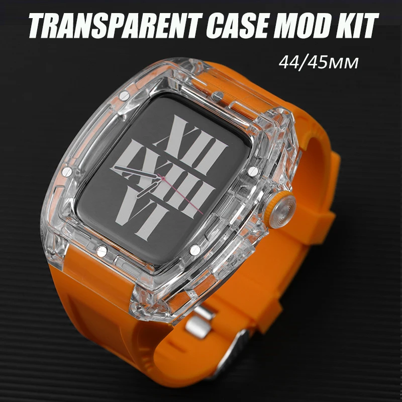 Capa Transparente Bumper Sport Rubber Strap, Kit de Modificação para Apple Watch Band, iWatch Series 8, 7, 6, SE, 5, 4, 44mm, 45mm, Luxo