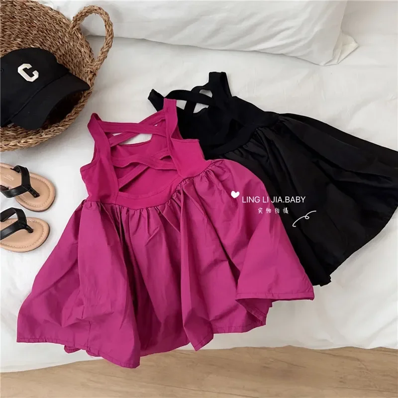 2025 Summer Girls Casual Dresses Children's Clothing Korean Summer Vest Dress Children's Red Black Dress Girls Dresses