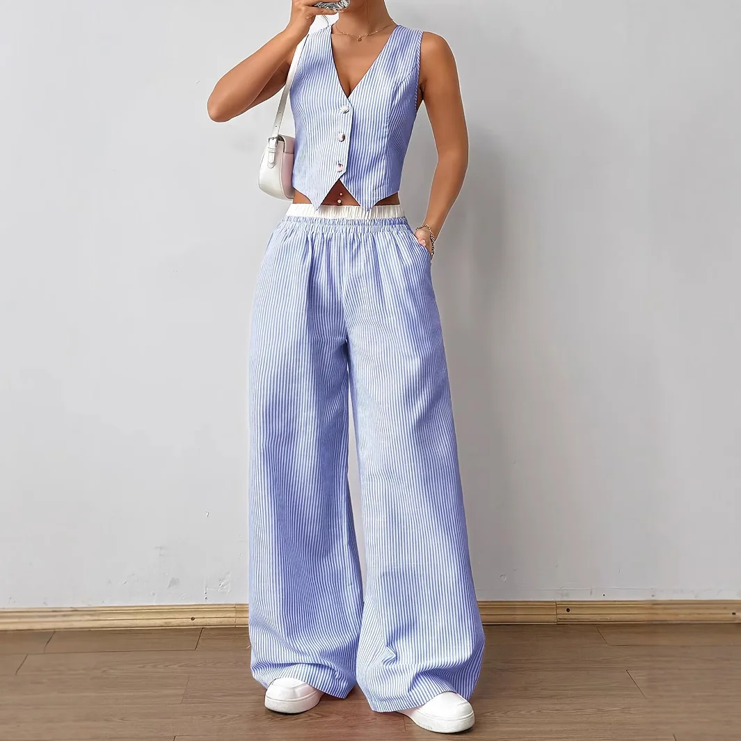 

2026 New Elegant Striped Sleeveless V-Neck Vest + Waist Contrast Color Trousers Two-Piece Set Summer Women Sets Fashion Suit Top
