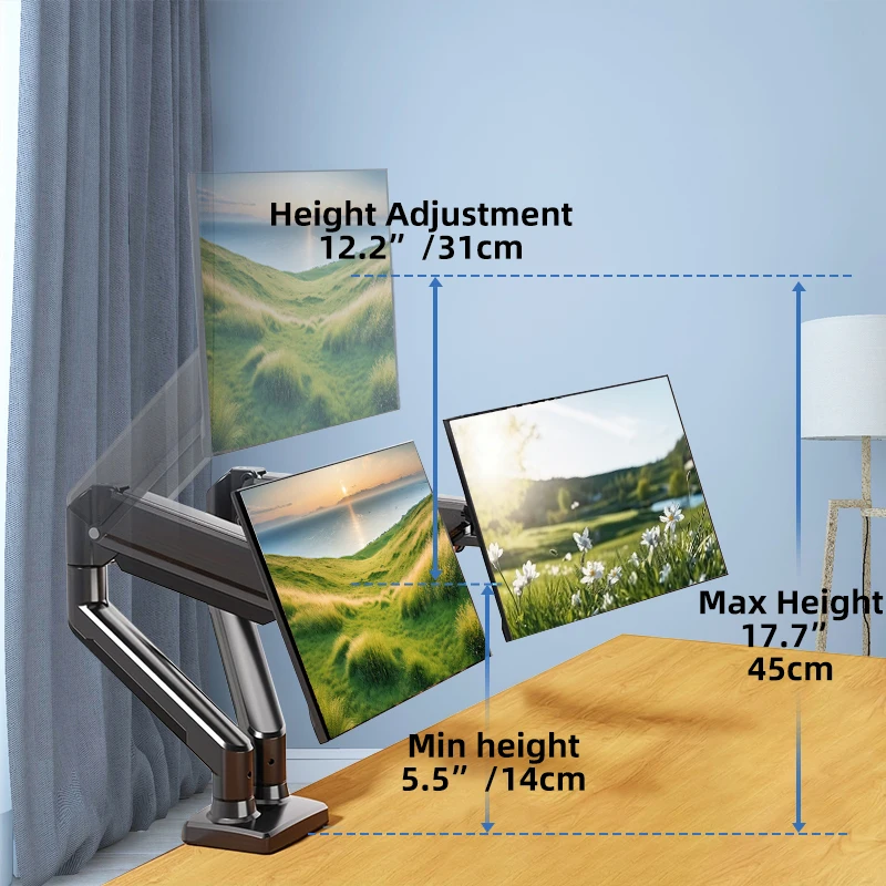 Dudukan Meja Monitor Ganda hingga 32 inci Layar Dudukan Monitor Tinggi Dapat Disesuaikan, Lengan Tugas Berat, VESA 75x75mm atau 100x100mm, HITAM