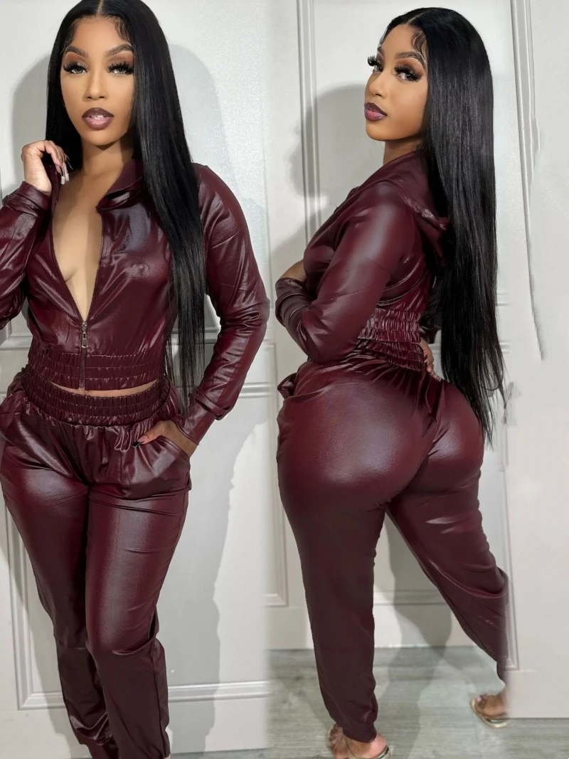 Streetwear PU Pelle Set da 2 pezzi Completi da donna Abbigliamento autunnale Donna Top corto con cappuccio e pantaloni Set Set da donna in ecopelle