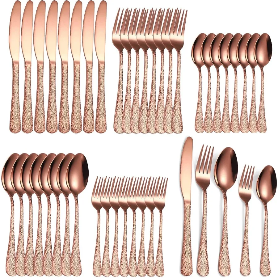 

Hammered Silverware Copper Rose Gold Flatware Set 40 Piece Service for 8 Stainless Steel Knives Forks Spoons Creative Handle Ea