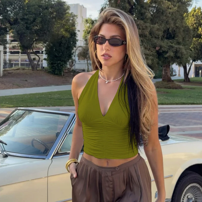 

Solid Color Low V-Neck Pleated Hanging Neck Vest, Spicy Girl Slim Fit Sexy Exposed Navel Short Top