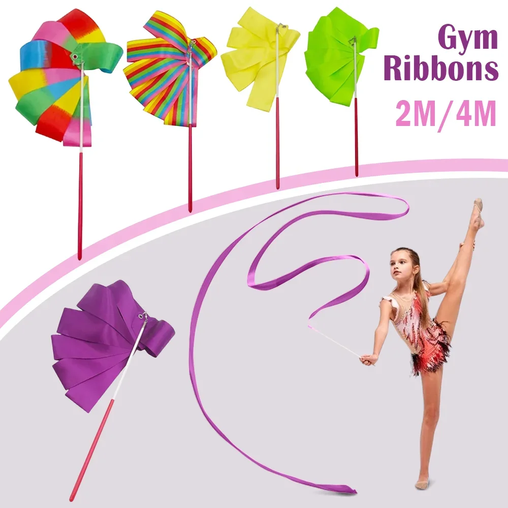 

Rhythmic Gymnastics Ribbons Colorful Twirl Streamer Dance Performance Ballet Ribbon Rainbow Stick Kids Exercise Prop 2M/4M Girls