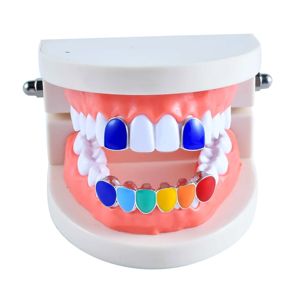 Multi Color Drip Oil CZ denti Grillz Caps Cubic zircone Iced Out MicroTop & Bottom Charm Grills per uomo donna gioielli regalo di natale