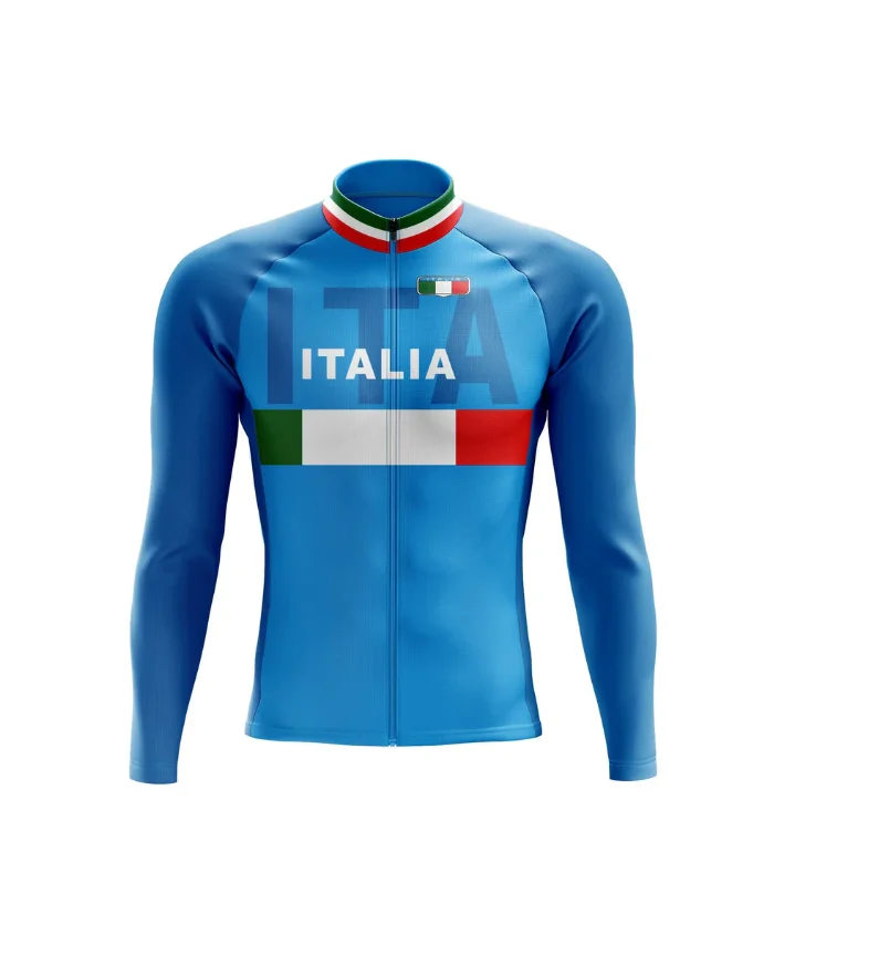 ITALIA TEAM BLUE Retro Classic Men Winter Fleece Thermal Cycling Jerseys Long Sleeve Bicycle Clothing Maillot Ropa Ciclismo