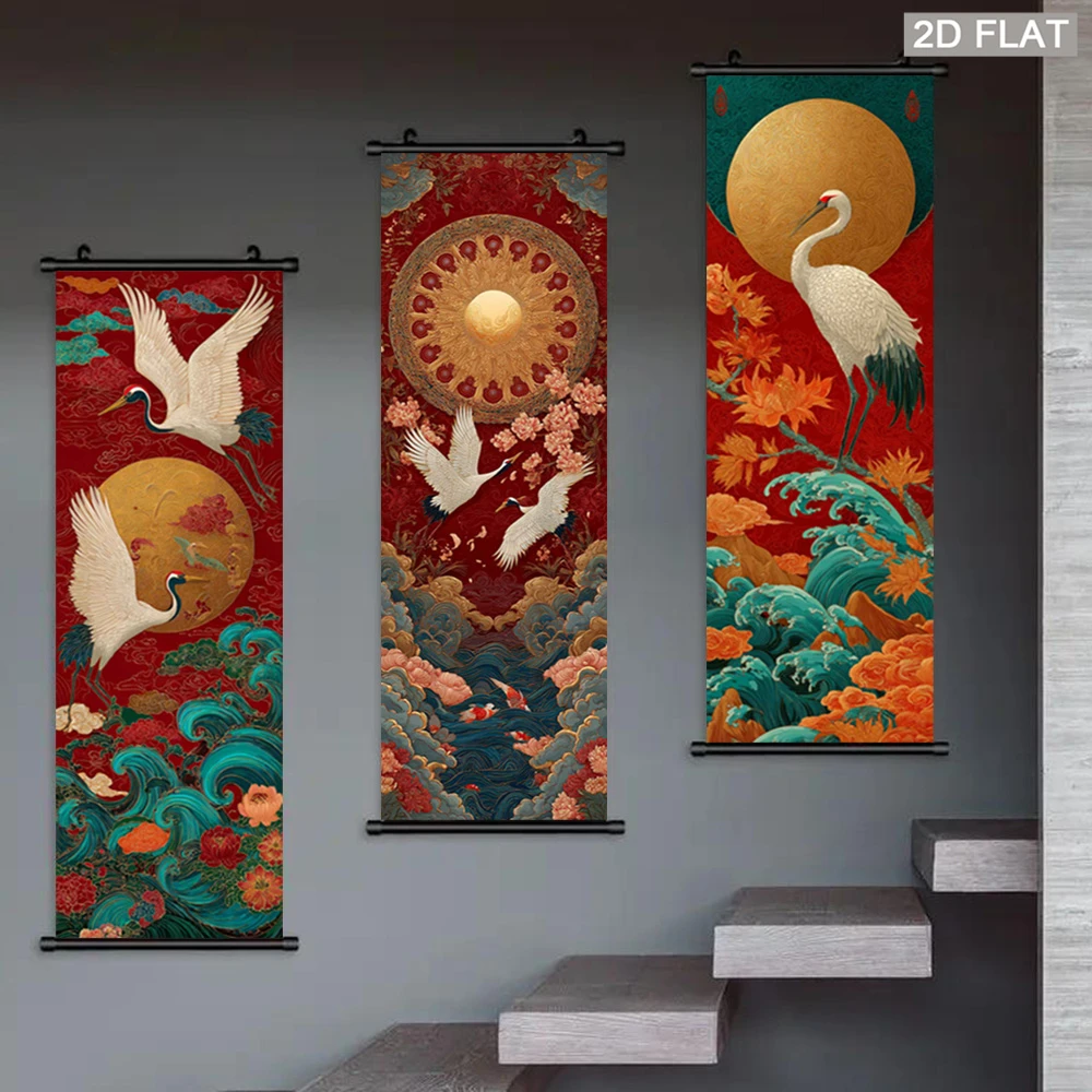 Wall Scroll Tapestry - VIKAMA Traditional Pine and Crane Scroll