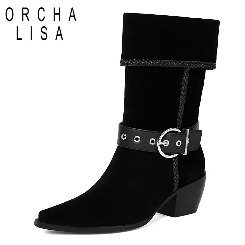 

ORCHA LISA Женские замшевые сапоги до середины икры из флока с острым носком 5,8 см на массивном каблуке без шнуровки с пряжкой на ремне Oversize 42 43 Vintage Daily Bota