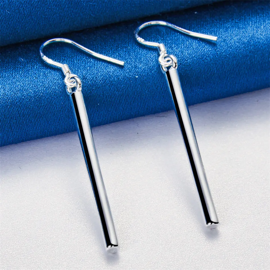 A pair of 925 sterling silver long cylindrical pendant earrings for men and women, fashionable wedding jewelry accessories