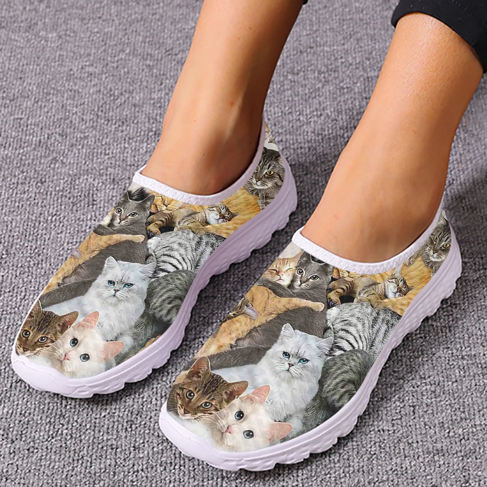 INSTANTARTS Cute 3D Cat Printing Female Mesh Sneakers Breathable Slip-on Loafers Lightweight Women Flat Shoes Casual Footwear