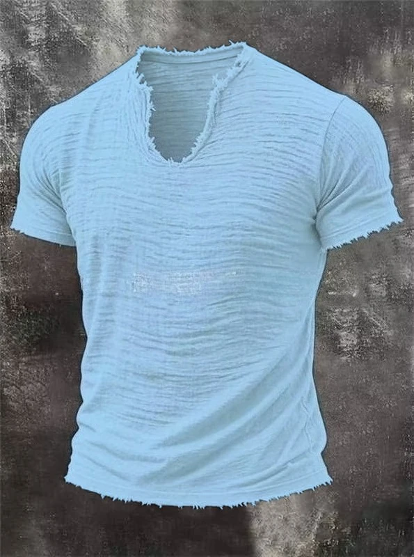 Mens Retro Solid Color Cotton Linen T Shirt Summer Scalloped V Neck Short Sleeve T Shirt Casual Breathable Comfortable Slim Tops