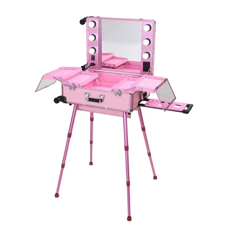 3 types Professional Rolling Studio Makeup Artist Cosmetic Case Beauty Trolley Light Mirror Box Pink Train