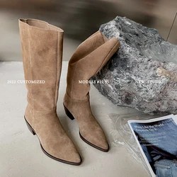 Cow Suede Daily Botas Spring Autumn Handsome Woman Boots Large Girth Western Boots Woman Slip On Simple Pleated Mid-Calf Shoes