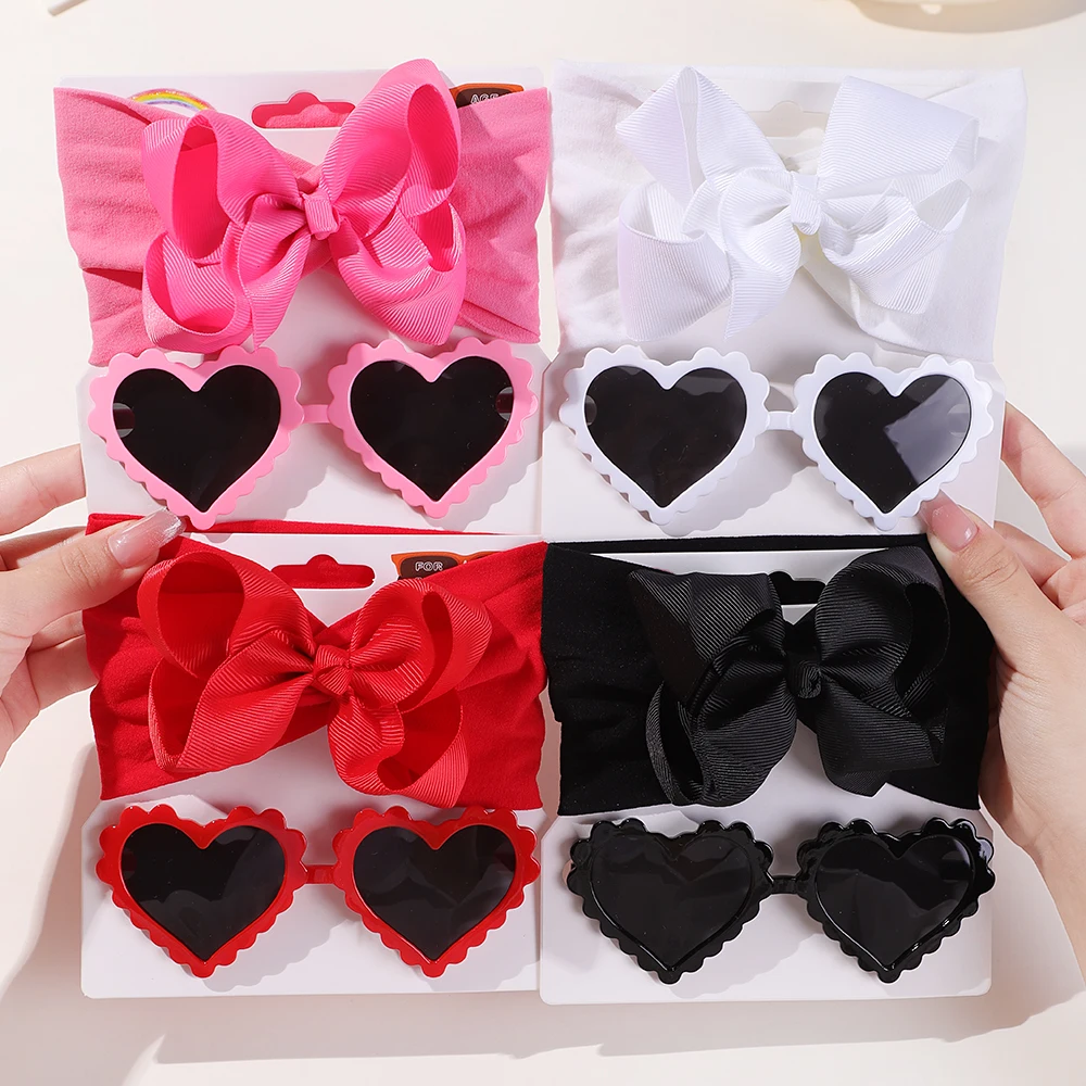 2 Pcs/Set New Children Cute Solid Bowknot Wide Hairbands Heart Sunglasses Hair Bands Baby Girls Headwear Kids Hair Accessories