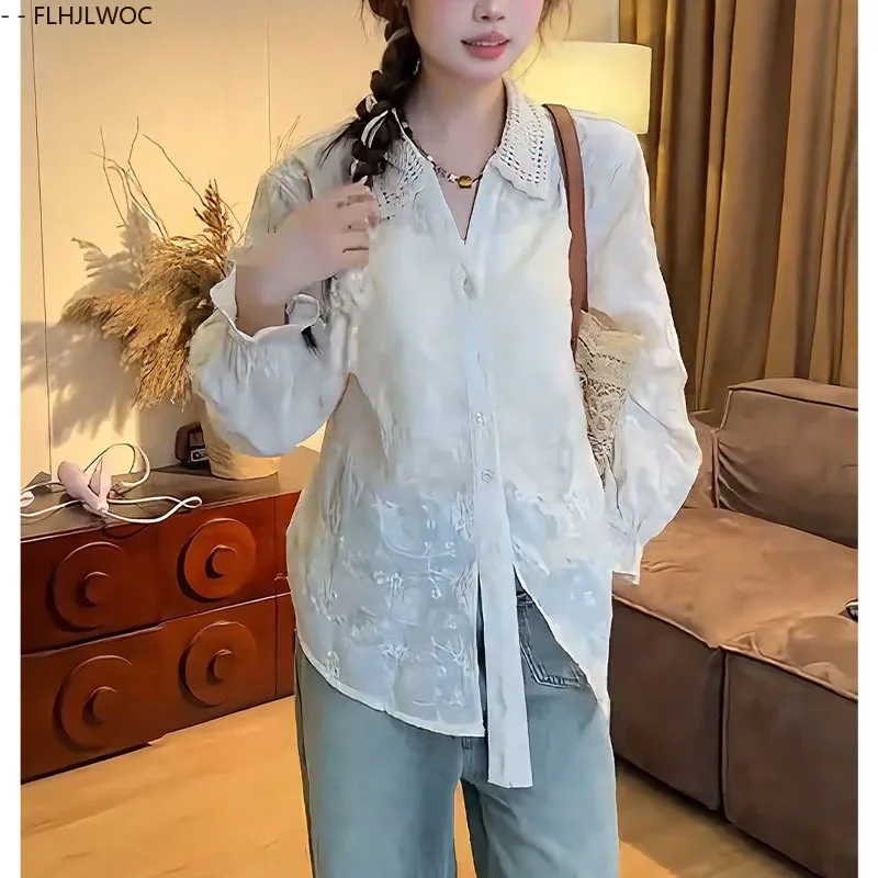Mori Meisjes Zuid-Korea Leuke Zoete Borduren Tops Vrouwen FLHJLWOC Preppy Stijl Datum Meisjes Vintage Kant Transparante Shirts Blouses
