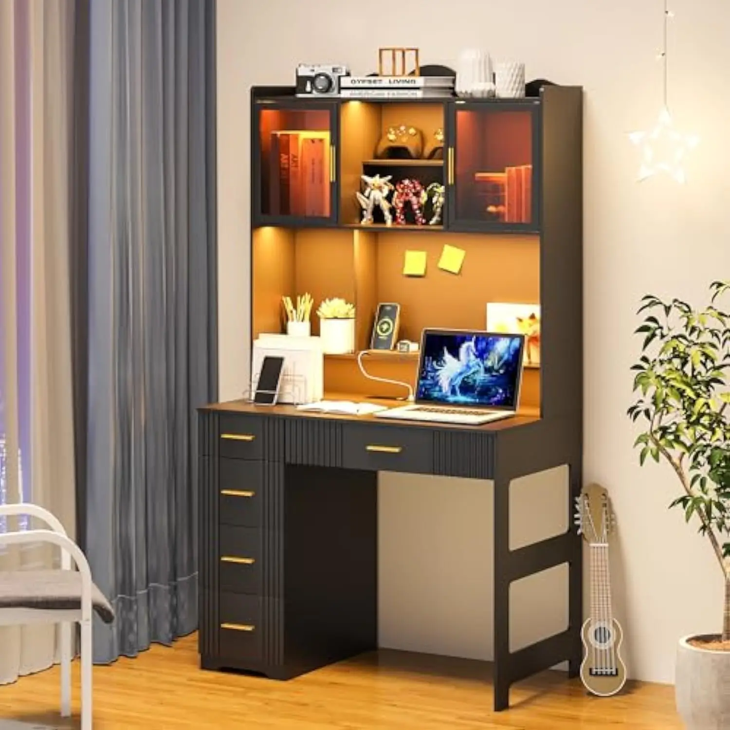 

LED Study Desk with Hutch and Drawer, Home Office Desk with Outlet, Computer Desk with Charging Station, Writing Desk for Bedro