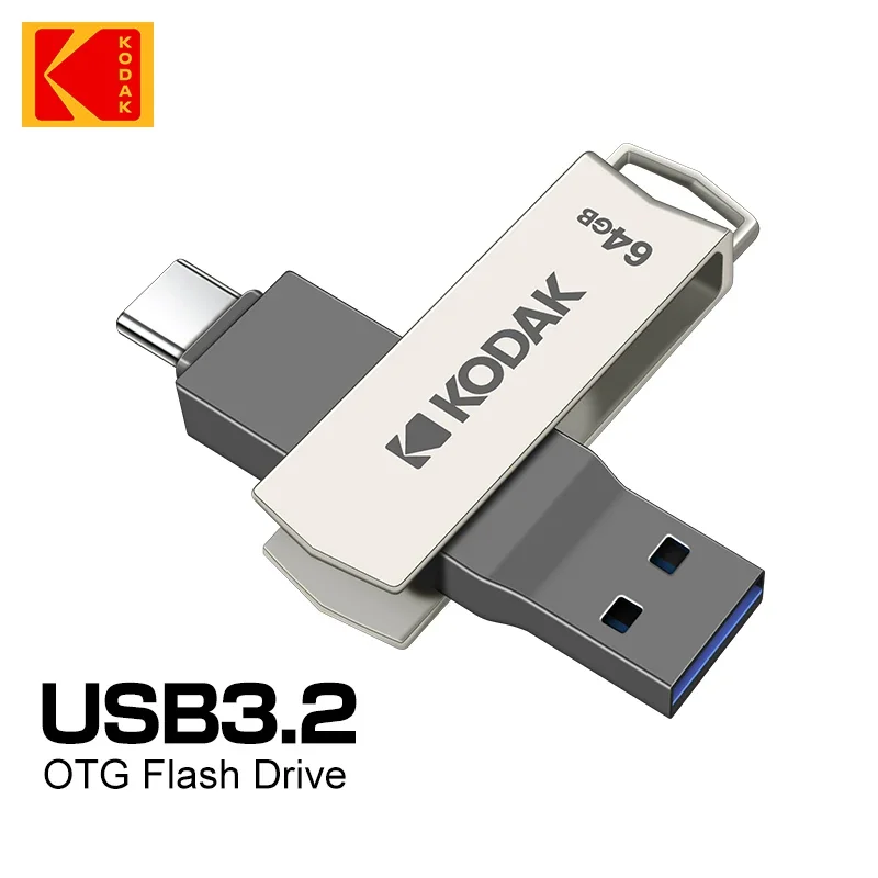 Kodak 2-in-1 OTG USB Flash Drive ประเภท C K273 โลหะ Pendrive พร้อม Lanyard 128GB 64GB 32GB USB3.1for สมาร์ทโฟนแล็ปท็อปคีย์