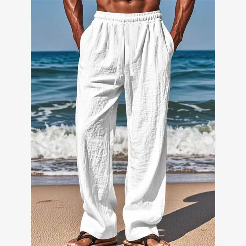 

Мужские повседневные свободные прямые брюки из хлопка и льна длиной до пола, дышащая удобная спортивная рабочая одежда, модный прямой крой