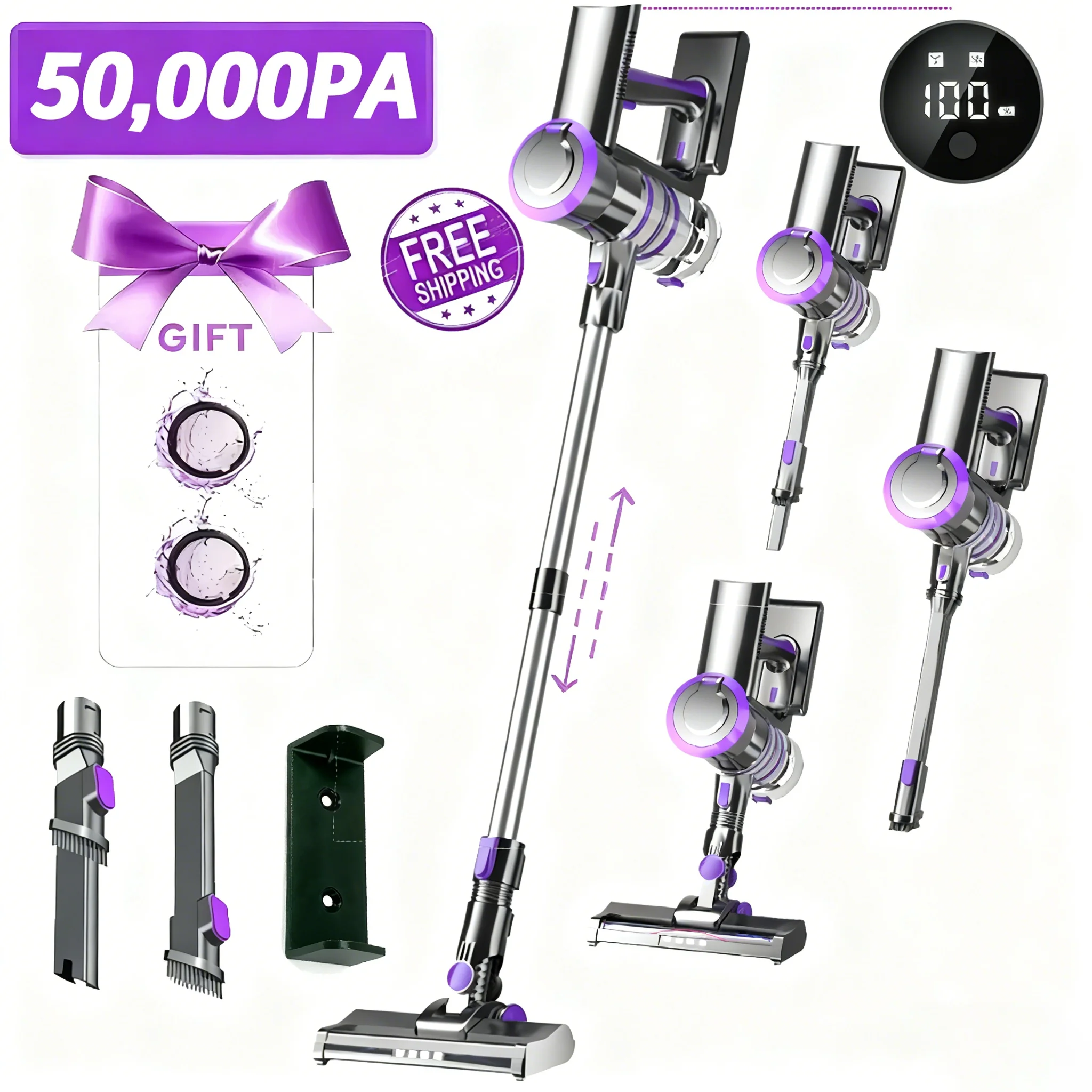 KOVOKI Aspiradora inalámbrica con succión de 50Kpa, 15-35 minutos de tiempo de ejecución, independiente, filtro HEPA, LED , para