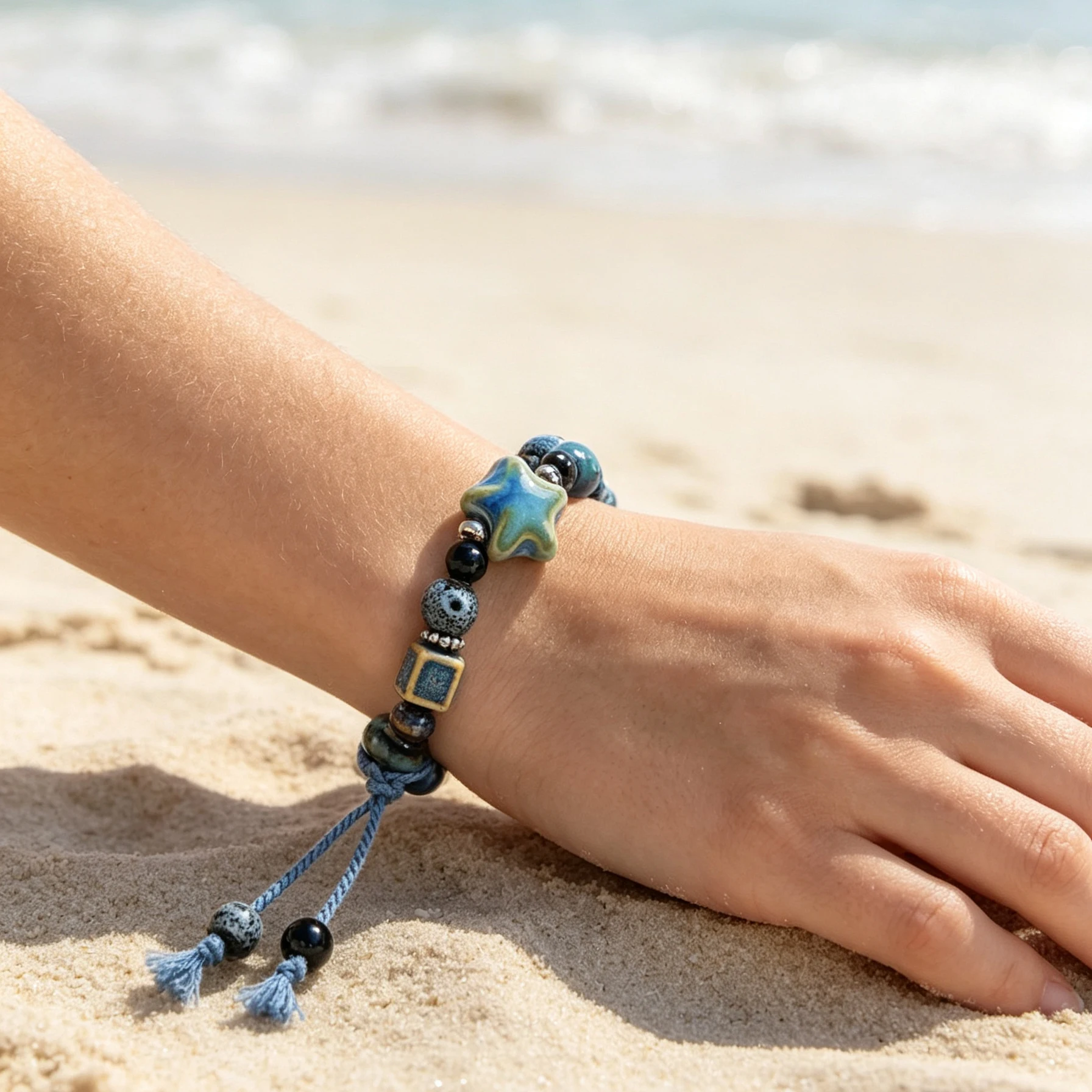 Boho Star Ceramic Beaded Bracelet Adjustable Tassel Wristband Ocean Beach Women Jewelry Charm Adjustable Blue Tassel Wrist Band