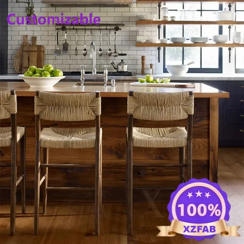 Factory Direct 2026 Nordic solid wood braided rope bar chair high-footed household water bar dining chair startled wind hotel