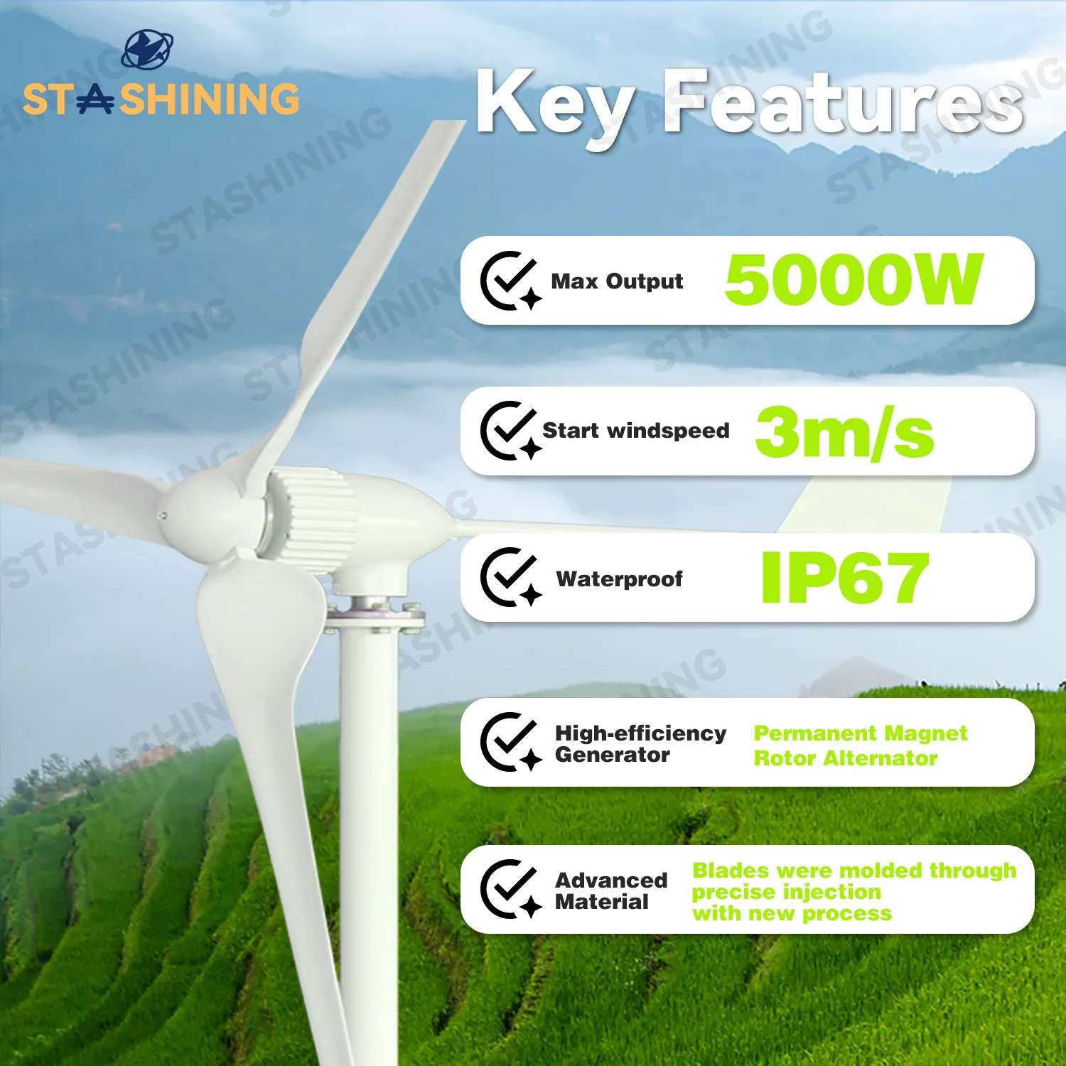 【Higher-Output】Horizontal Wind Turbine Generator 5000W Max Windmill W/ MPPT Hybrid  Charge Solar Wind Off-Grid System,  3 Blades