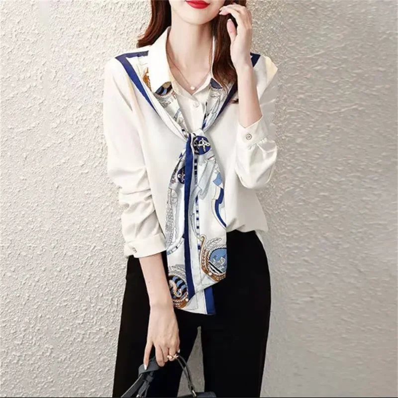 

Ribbon Shirt For Women Blouse White Shirt Top High-end Printed Blouses Lapel Chiffon Shirts Cardigan Butterfly Festival Shirt