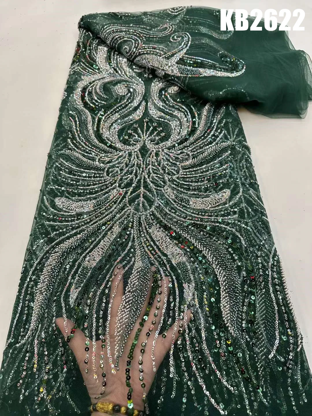 

Teal Green Nigerian Fabric Sequins African Fabric Lace High Quality 2025 Gold Beads Embroidery Lace Fabric For Sewing KB3812