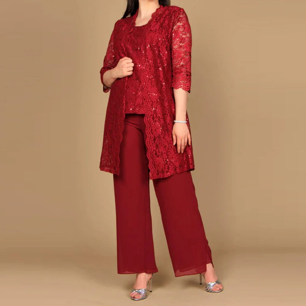 Elegante Vestido de 3 Piezas para Madrina con Chaqueta, Mono de Encaje, Vestidos para Invitadas de Boda, Traje de Pantalón con Lentejuelas, Tallas Grandes