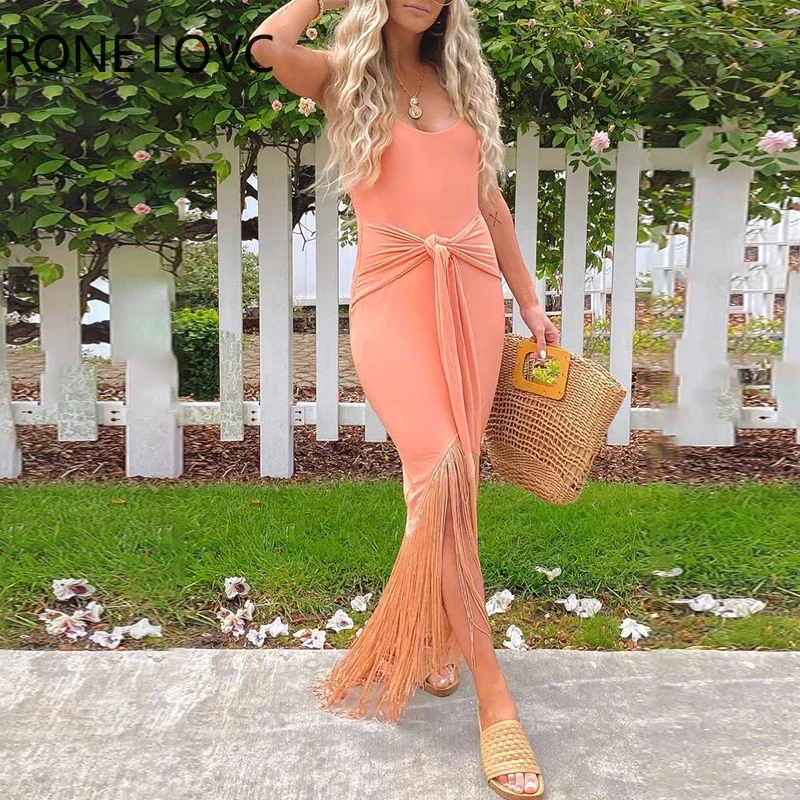 

Women Chic Spaghetti Straps Solid Tassels Maxi Lace Up Bodycon Sexy Party Dancing Dress