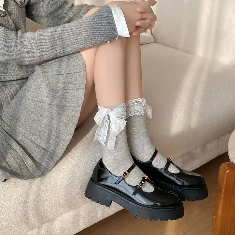 

1 Pair Cute Korean Fashion Schoolgirl Calf Sock Sweet Jacquard Lace Ruffle Bow Tie Ribbon Sock Spring Autumn Soft Cotton Sock