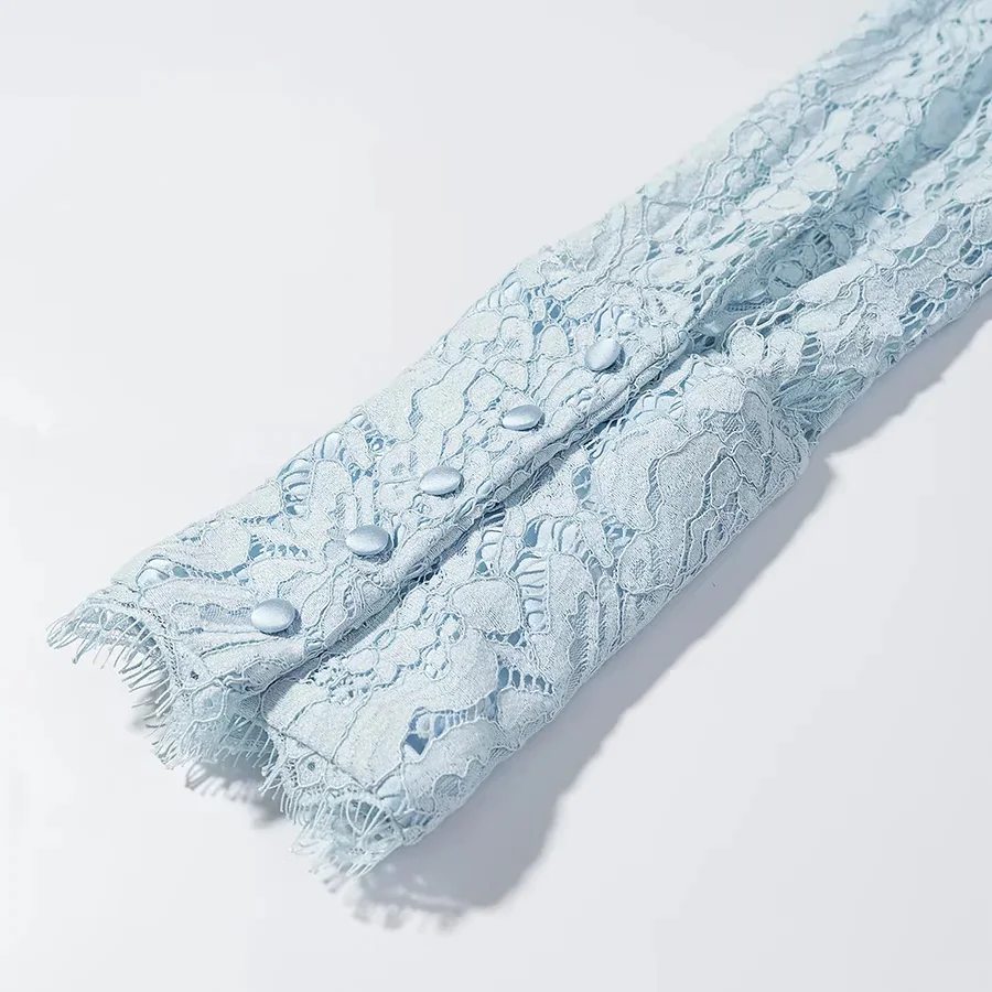 KONDALA Damen Elegantes Schickes Hosenset Blaue Spitze Durchsichtige Kurze Oberteile, Kordelzug Weite Hosen 2026 Sommer Trendiges Urlaubsset – Detail 6