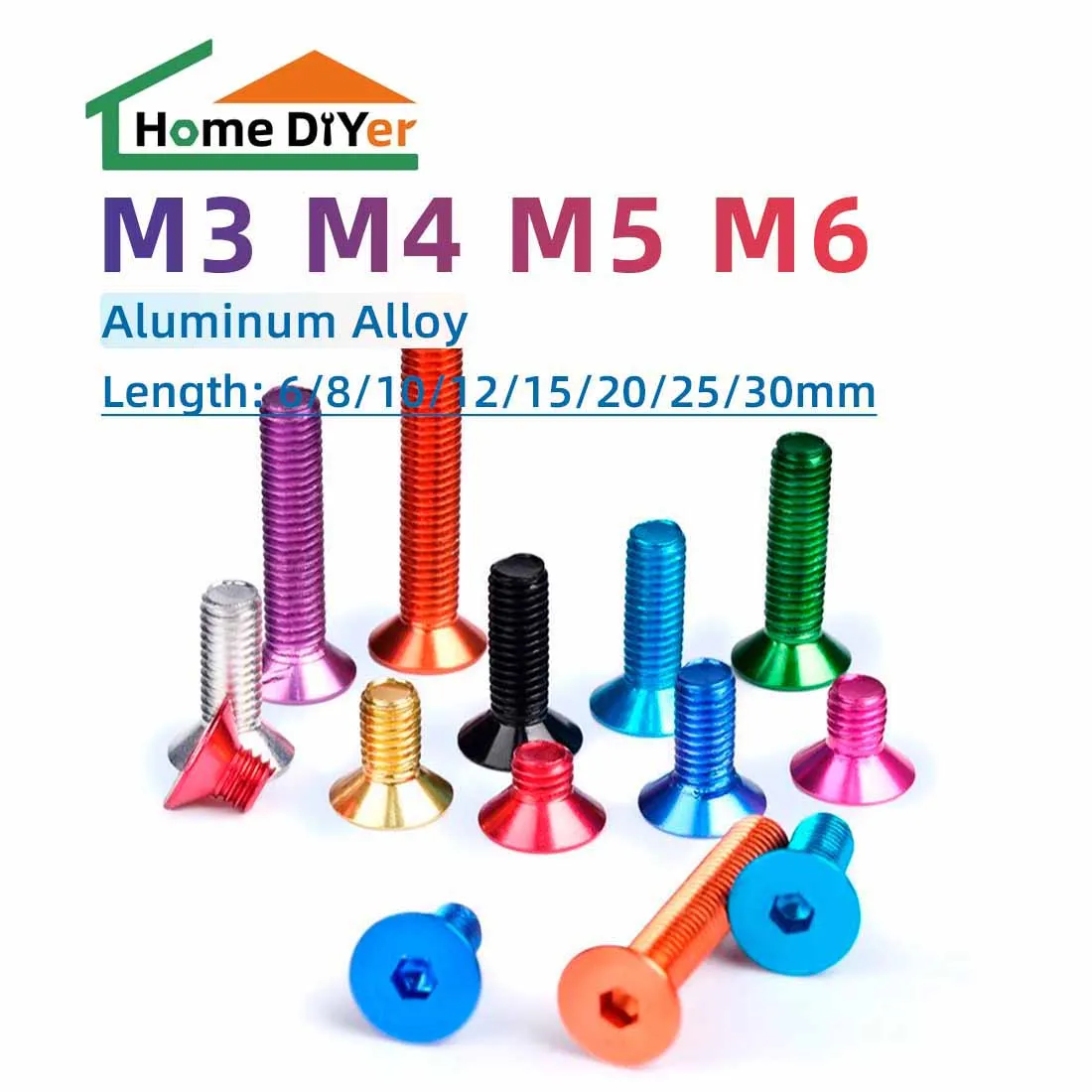 

10pcs/lot DIN7991 Aluminum Allen Screws M3 M4 M5 M6x6/8/10/12/14/16 Flat Hex Socket Countersunk head Screws Bolts Anodized Color